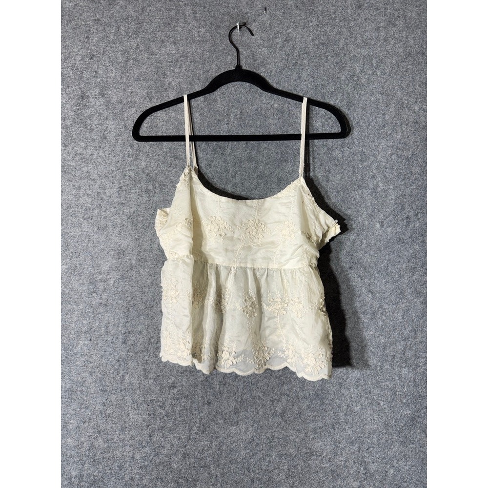 And Now This Ivory Embroidered Peplum Cami Top Square Neck Scalloped Hem Large - Picture 2 of 8